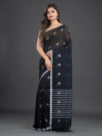 Handloom Floral Motive Saree - Black, Cotton, Cotton (CK)