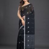 Handloom Floral Motive Saree - Black, Cotton, Cotton (CK)