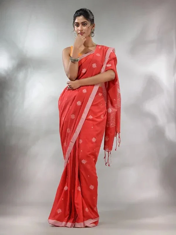 Handloom Floral Motive Saree - Scarlet, Cotton, Cotton (CK)