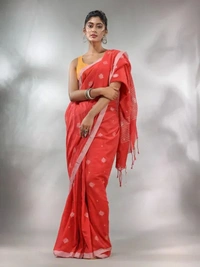 Handloom Floral Motive Saree - Scarlet