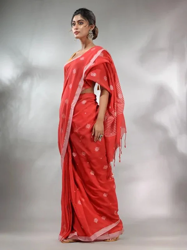 Handloom Floral Motive Saree - Scarlet, Cotton, Cotton (CK)