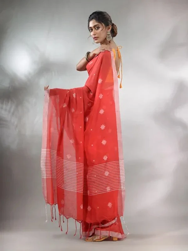 Handloom Floral Motive Saree - Scarlet, Cotton, Cotton (CK)