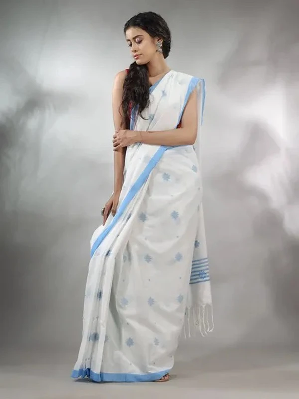 Handloom Floral Motive Saree - White, Cotton, Cotton (CK)