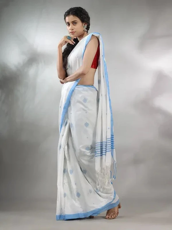 Handloom Floral Motive Saree - White, Cotton, Cotton (CK)