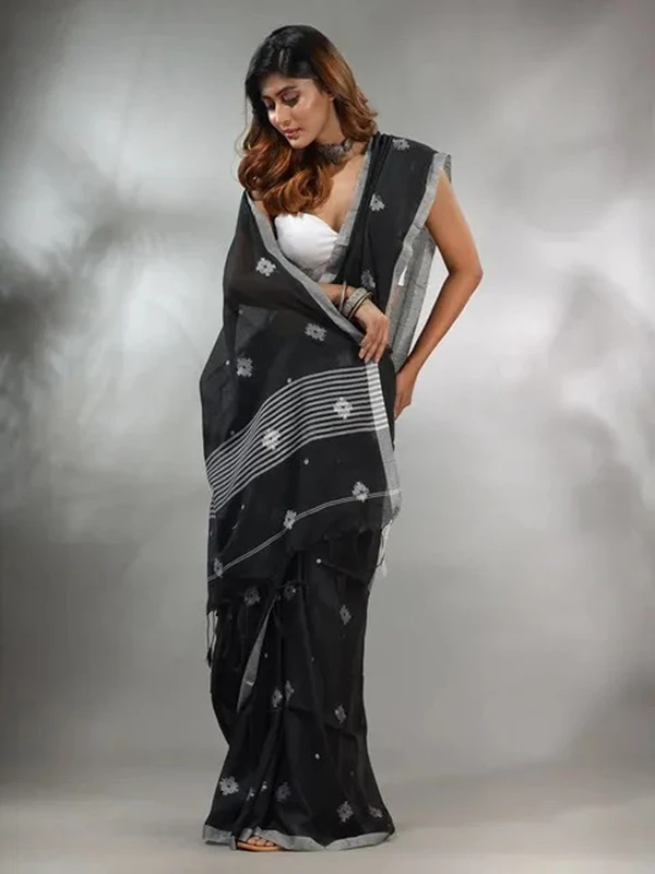 Handloom Floral Motive Saree - Black, Cotton, Cotton (CK)