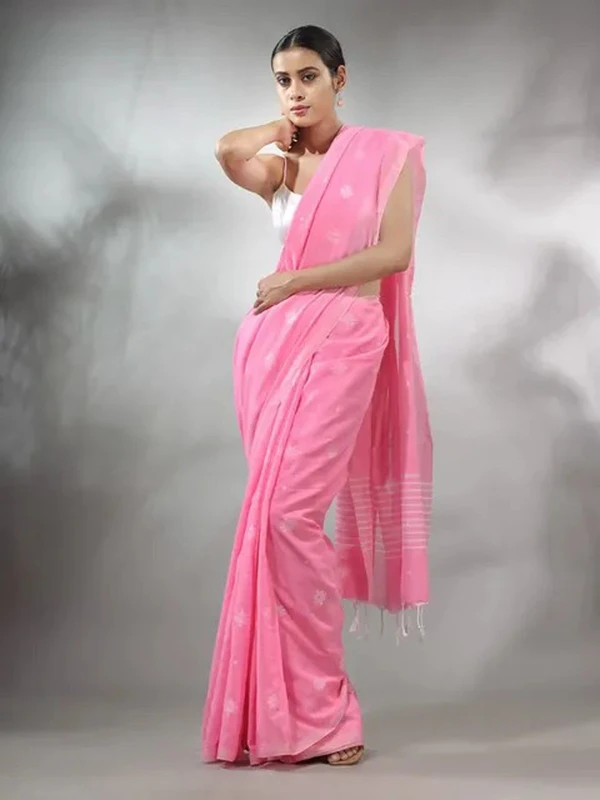 Handloom Floral Motive Saree - Hot Pink, Cotton, Cotton (CK)