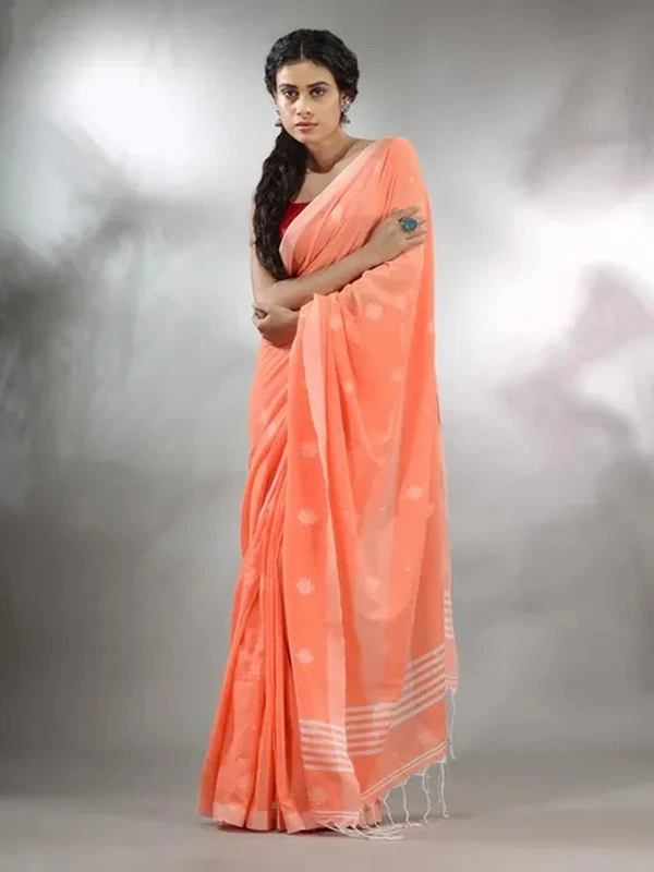 Handloom Floral Motive Saree - Coral