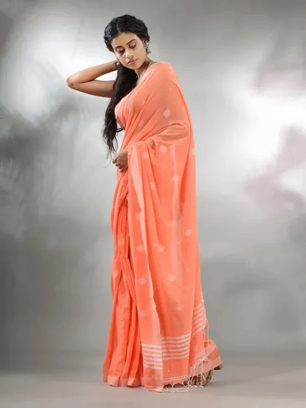 Handloom Floral Motive Saree - Coral, Cotton, Cotton (CK)