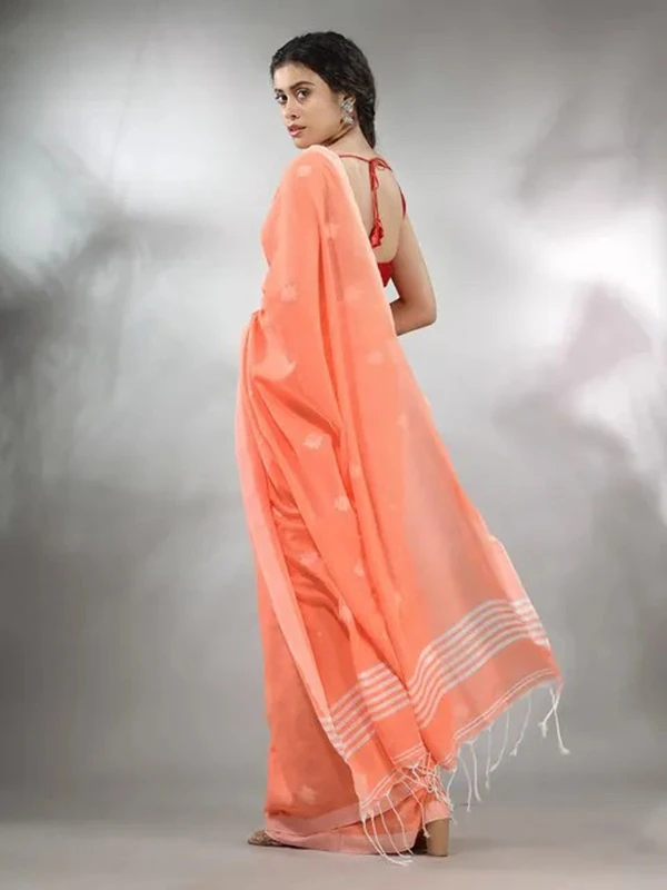 Handloom Floral Motive Saree - Coral, Cotton, Cotton (CK)