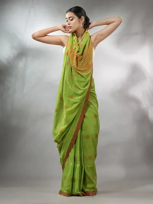 Handloom Floral Motive Saree - Pastel Green, Cotton, Cotton (CK)