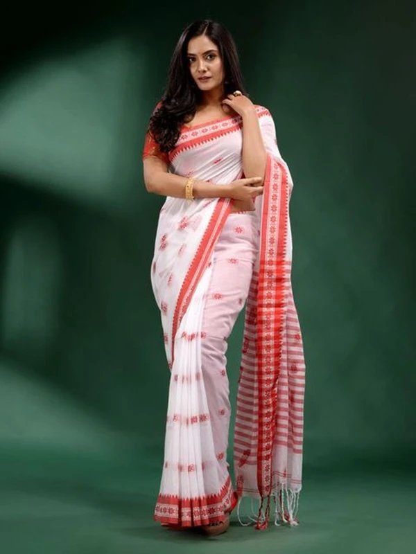 Handloom Floral Motive Border Saree - White & Red, Cotton, Cotton (CK)