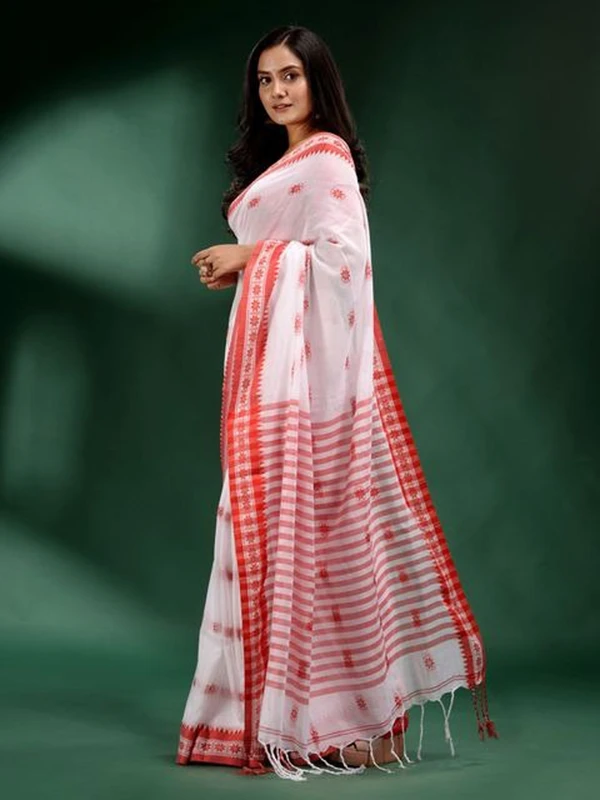 Handloom Floral Motive Border Saree - White & Red, Cotton, Cotton (CK)