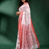 Handloom Floral Motive Border Saree - White & Red, Cotton, Cotton (CK)