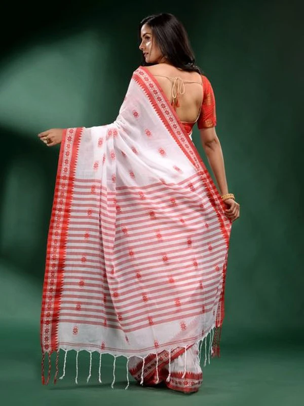 Handloom Floral Motive Border Saree - White & Red, Cotton, Cotton (CK)