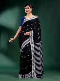 Handloom Floral Motive Border Saree - Black & White, Cotton, Cotton
