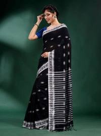 Handloom Floral Motive Border Saree - Black & White, Cotton, Cotton
