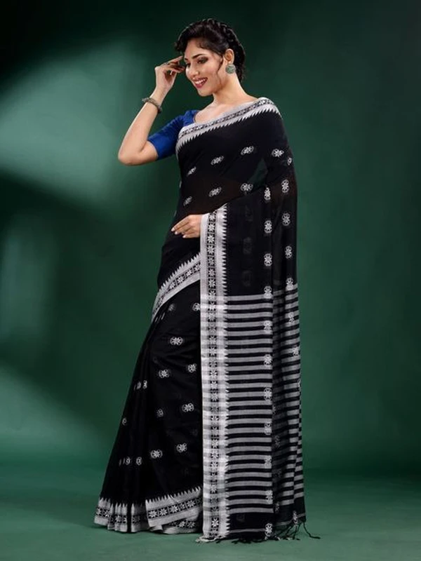 Handloom Floral Motive Border Saree - Black & White, Cotton, Cotton (CK)