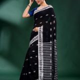 Handloom Floral Motive Border Saree - Black & White, Cotton, Cotton (CK)
