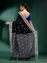Handloom Floral Motive Border Saree - Black & White, Cotton, Cotton