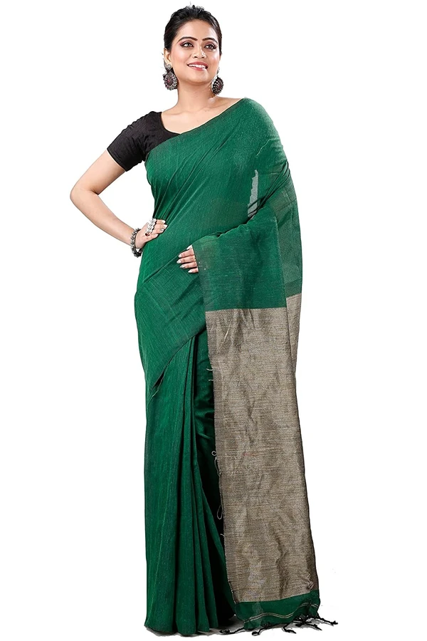 Handloom Solid Color Slab Gichha Pallu Saree - Dark Green