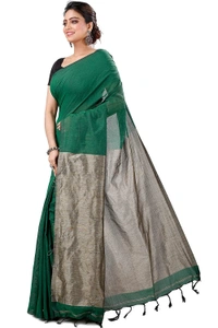 Handloom Solid Color Slab Gichha Pallu Saree - Dark Green