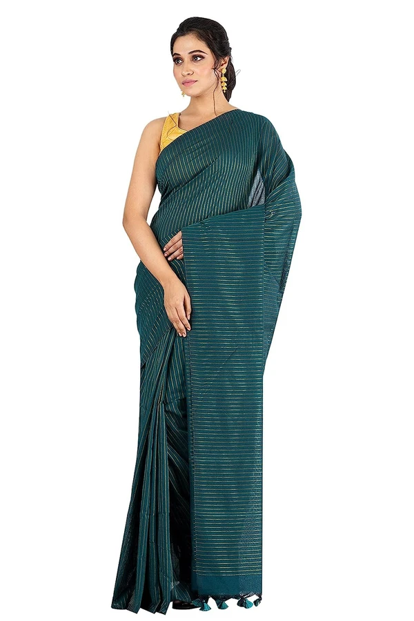 Handloom Zari Strip Saree - Bondi Blue, Cotton (CK)