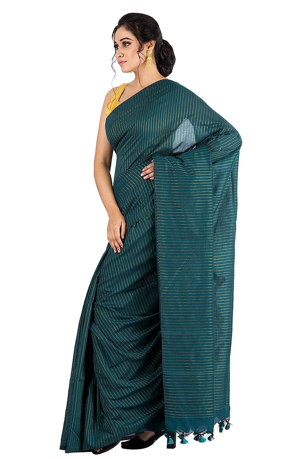 Handloom Zari Strip Saree - Bondi Blue, Cotton (CK)