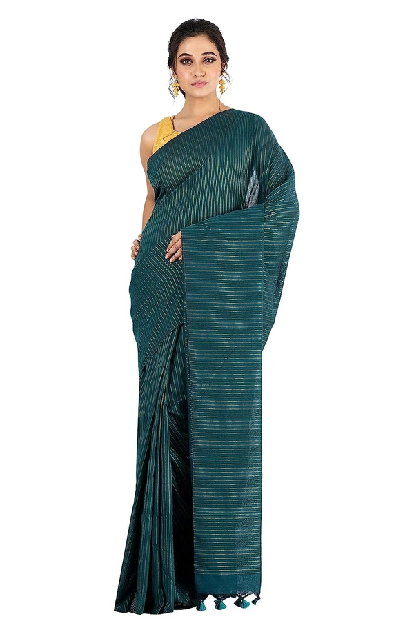 Handloom Zari Strip Saree - Bondi Blue, Cotton (CK)