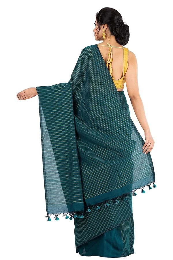 Handloom Zari Strip Saree - Bondi Blue, Cotton CK