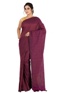 Handloom Zari Strip Saree - Paprika, Cotton