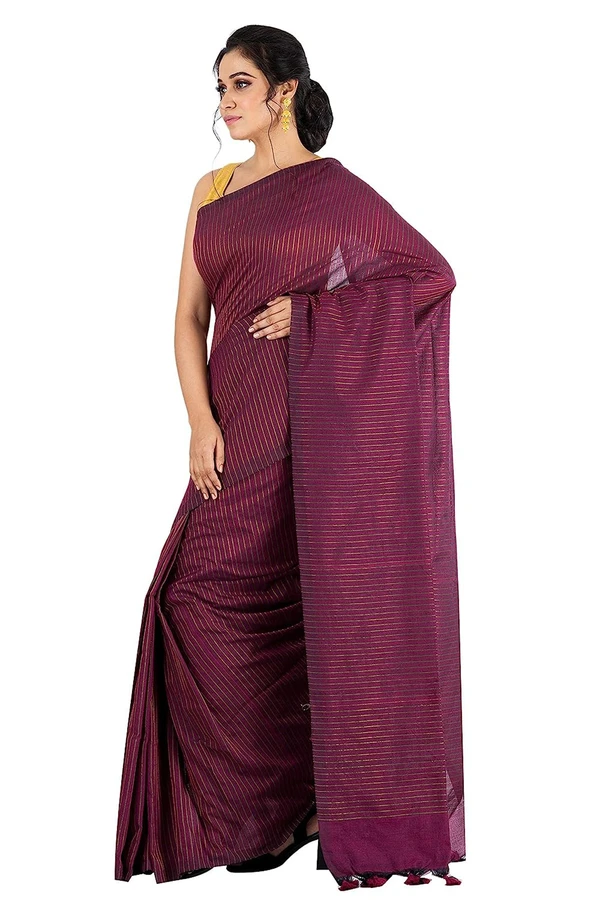 Handloom Zari Strip Saree - Paprika, Cotton (CK)