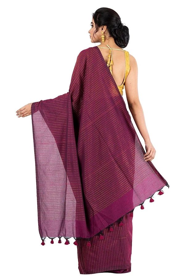 Handloom Zari Strip Saree - Paprika, Cotton (CK)