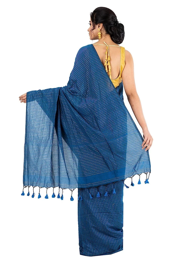 Handloom Zari Strip Saree - Blue, Cotton (CK)