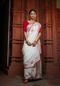 Handloom Cotton Jamdani - Free, White & Red