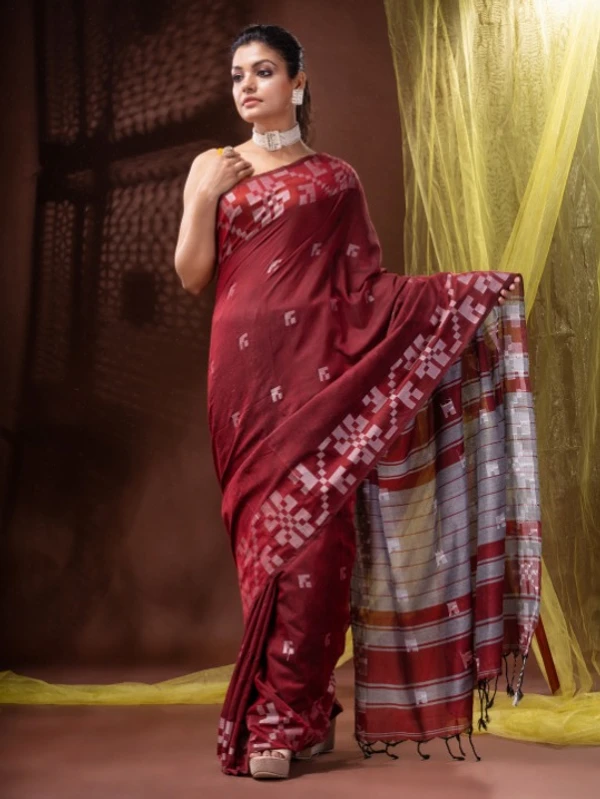 Handloom Woven Border Saree - 6.5 Meter, Brown