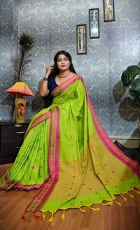 Handloom Floral Motive Border Saree - Green & Purple, Cotton, Cotton