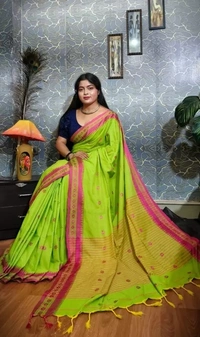Handloom Floral Motive Border Saree - Green & Purple, Cotton, Cotton