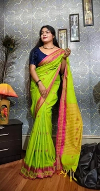 Handloom Floral Motive Border Saree - Green & Purple, Cotton, Cotton
