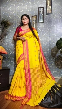 Handloom Floral Motive Border Saree - Yellow & Pink, Cotton, Cotton