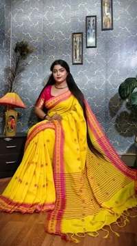 Handloom Floral Motive Border Saree - Yellow & Pink, Cotton, Cotton