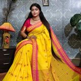 Handloom Floral Motive Border Saree - Yellow & Pink, Cotton, Cotton (CK)