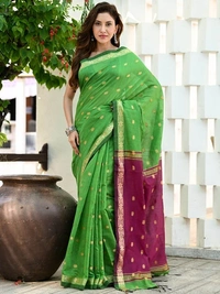 Handloom Floral Buta Cotton Silk Saree - Free, Green & Magenta