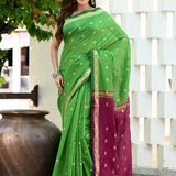 Handloom Floral Buta Cotton Silk Saree - Free, Green & Magenta