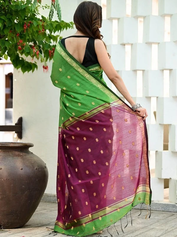 Handloom Floral Buta Cotton Silk Saree - Free, Green & Magenta