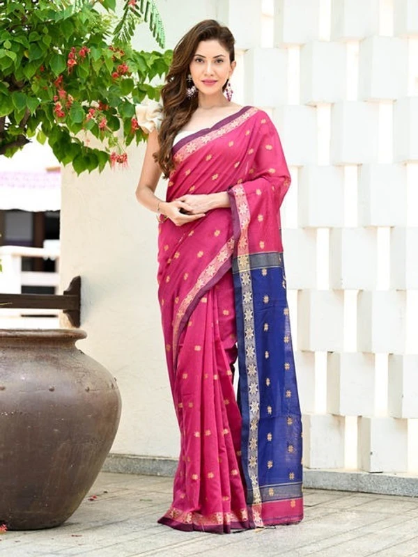 Handloom Floral Buta Cotton Silk Saree - Free, Magenta & Blue