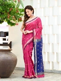 Handloom Floral Buta Cotton Silk Saree - Free, Magenta & Blue
