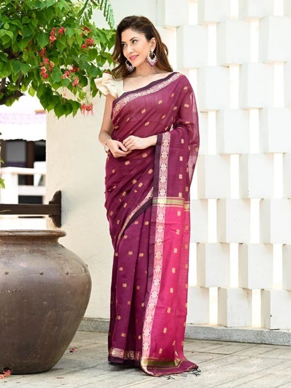 Handloom Floral Buta Cotton Silk Saree - Free, Red Violet & Magenta