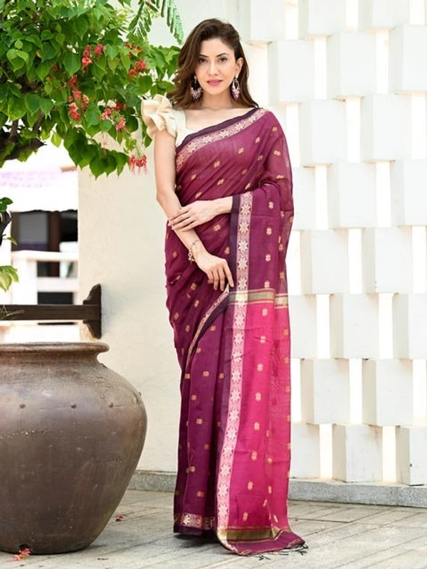 Handloom Floral Buta Cotton Silk Saree - Free, Red Violet & Magenta