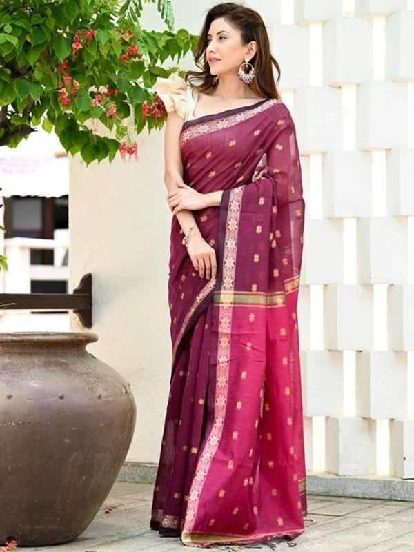 Handloom Floral Buta Cotton Silk Saree - Free, Red Violet & Magenta