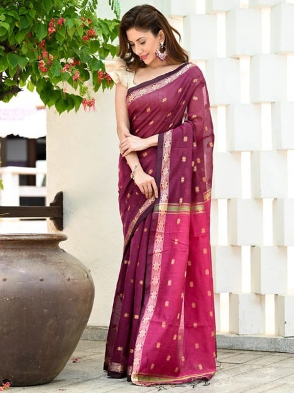 Handloom Floral Buta Cotton Silk Saree - Free, Red Violet & Magenta